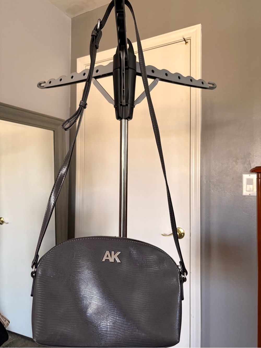Anne Klein Gray Textured Crossbody Bag with AK Logo